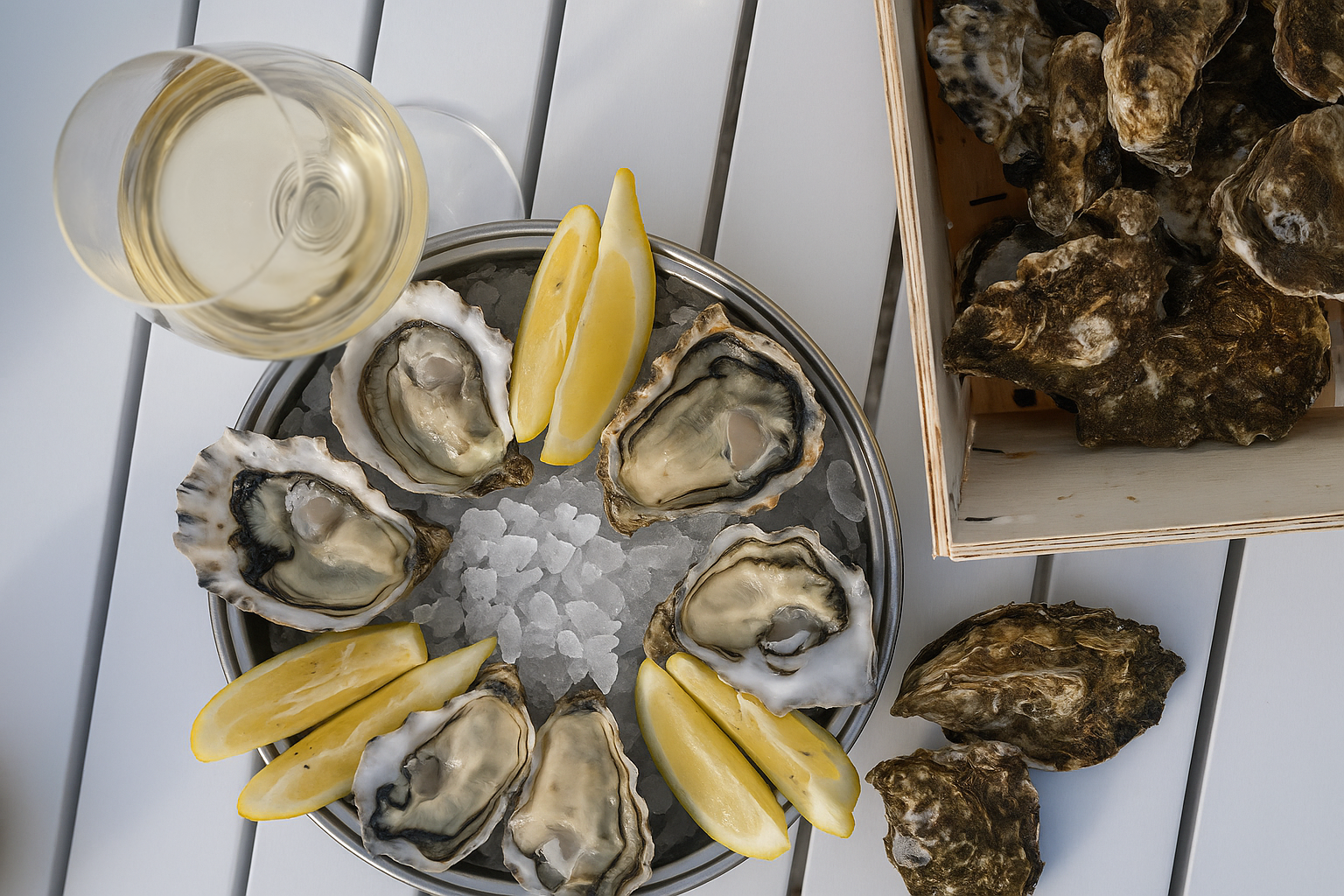 Oysters on a bed of ice with lemon wedges and a glass of white wine on a wooden surface.